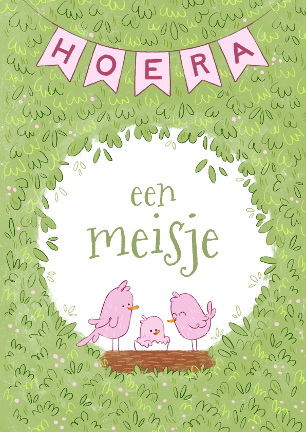 Felicitatiekaarten - Felicitatiekaart geboorte meisje vogeltjes boom