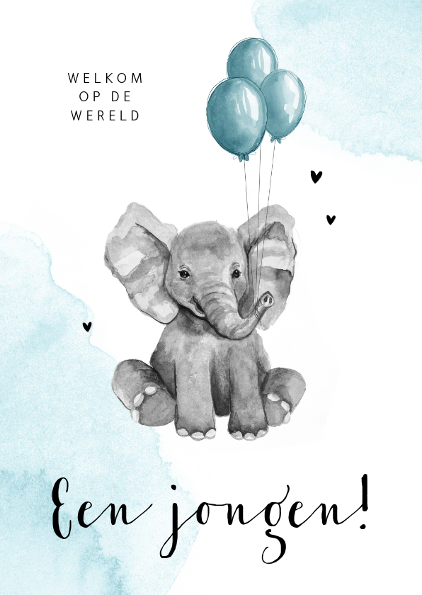 Felicitatiekaarten - Felicitatiekaart geboorte olifantje blauw waterverf