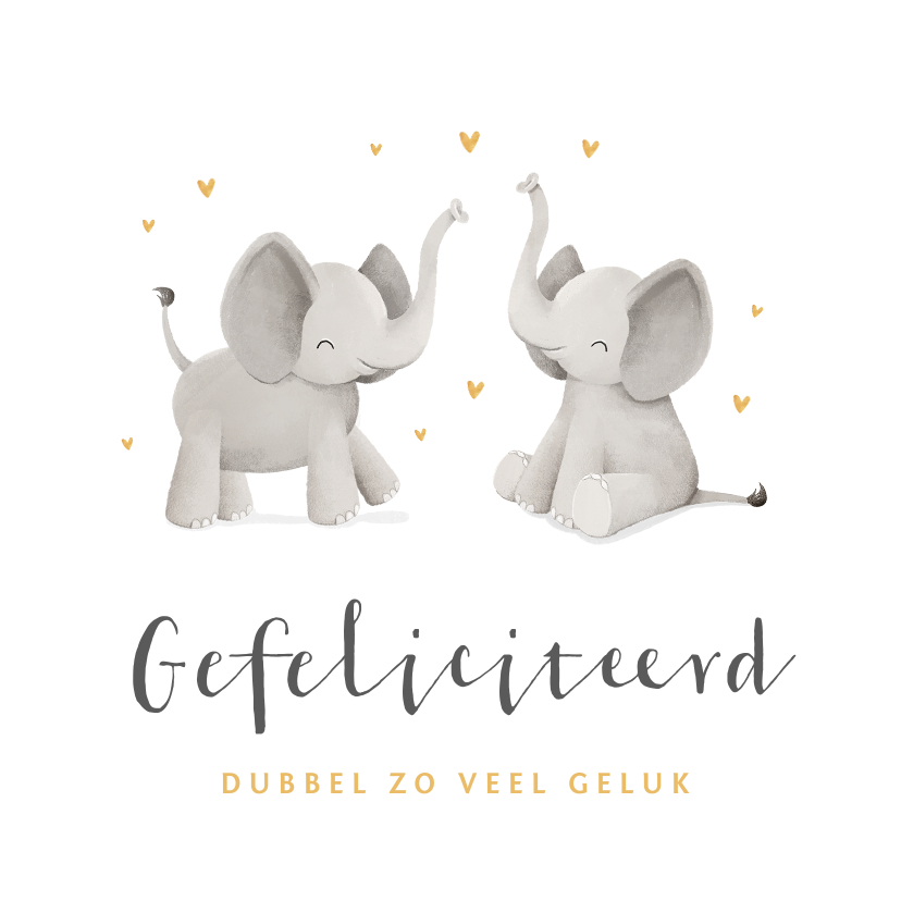 Felicitatiekaarten - Felicitatiekaart geboorte tweeling olifantjes goud hartjes