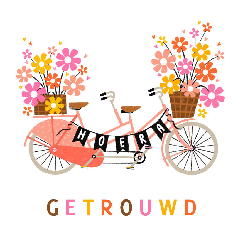 Felicitatiekaarten - Felicitatiekaart getrouwd tandem bloemen oranje roze geel