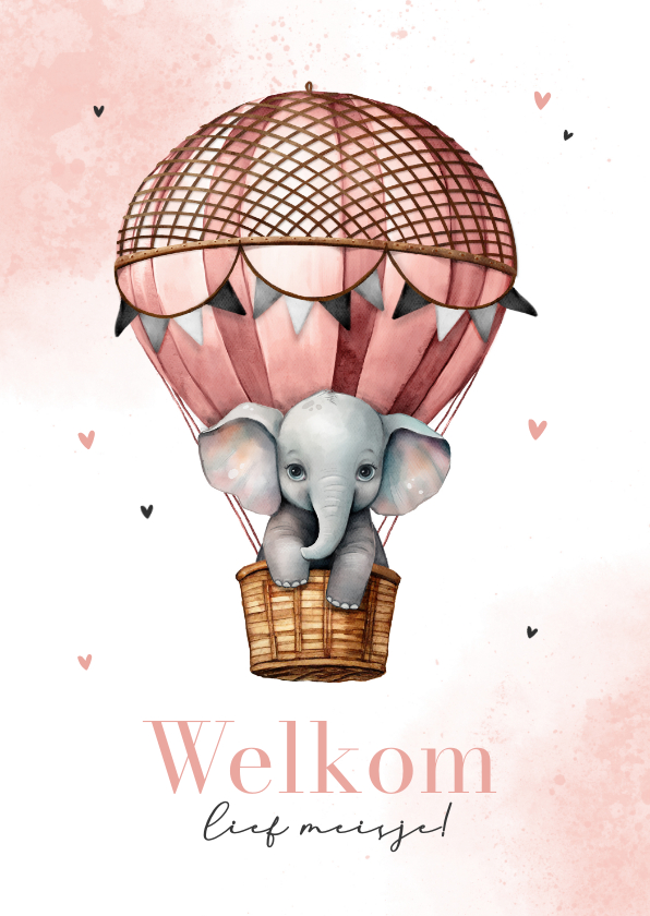 Felicitatiekaarten - Felicitatiekaart meisje olifantje luchtballon verf