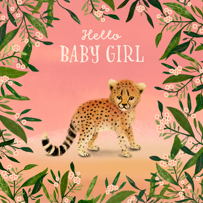 Felicitatiekaarten - Felicitatiekaart met een baby girl cheeta