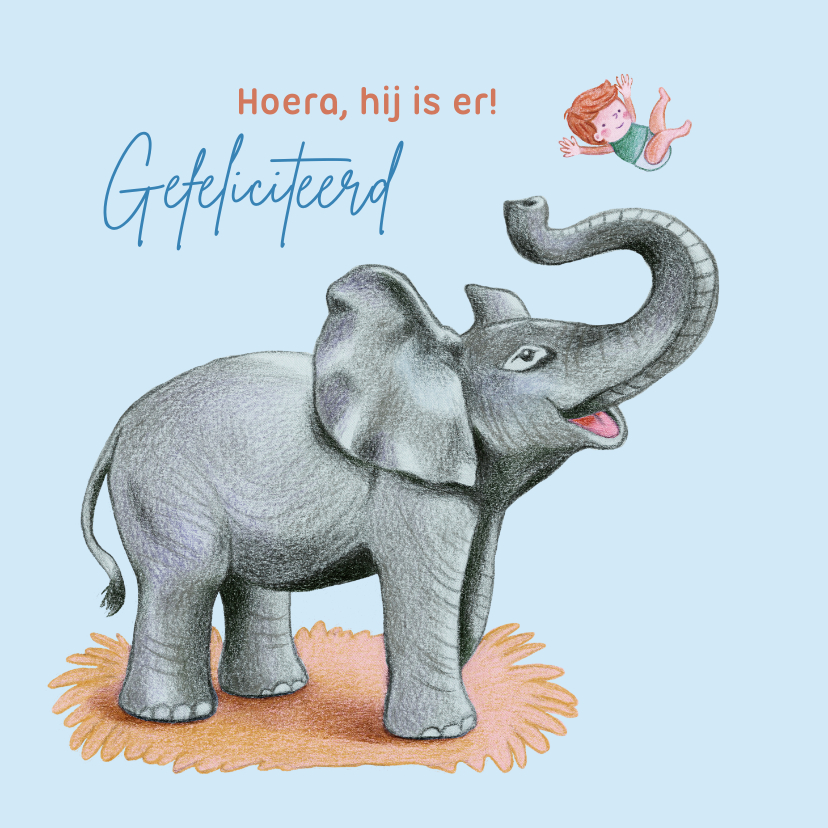 Felicitatiekaarten - Felicitatiekaart met olifant voor geboorte jongetje