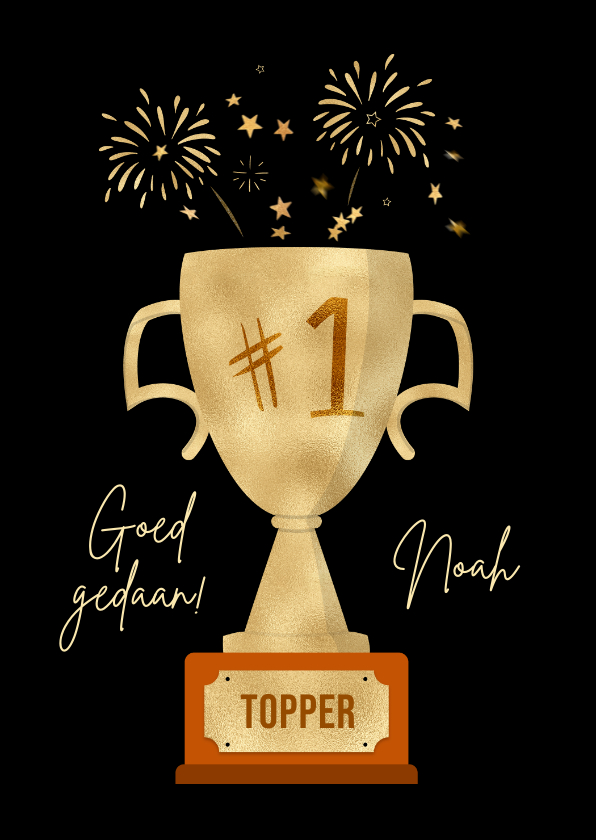 Felicitatiekaarten - Felicitatiekaart nummer 1 trofee goudlook en vuurwerk