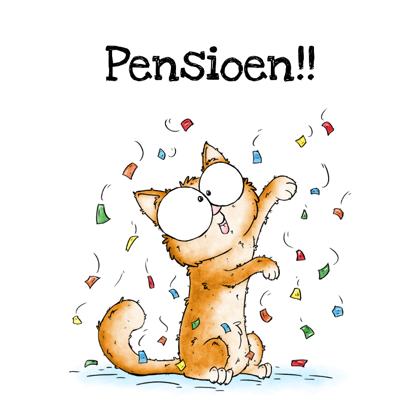 Felicitatiekaarten - Felicitatiekaart pensioen kat met confetti