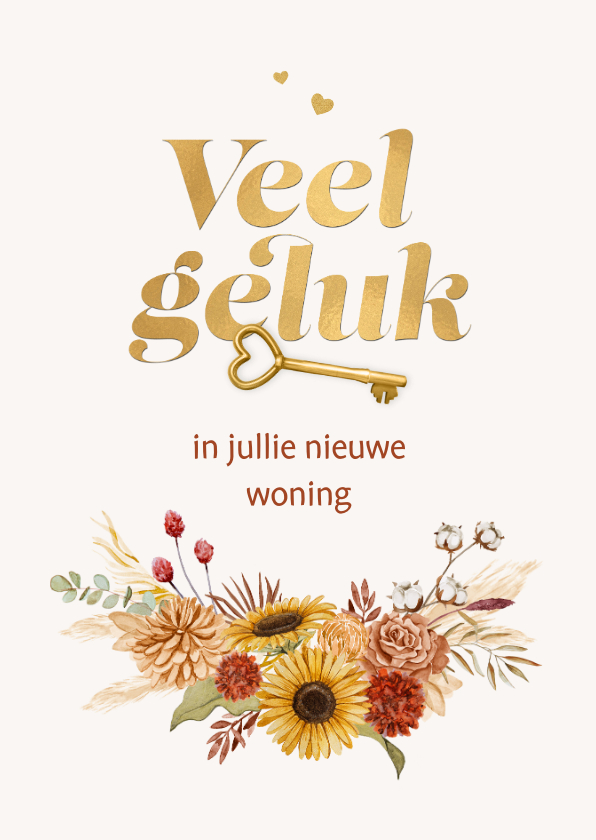 Felicitatiekaarten - Felicitatiekaart sleutel bloemen veel geluk nieuwe woning