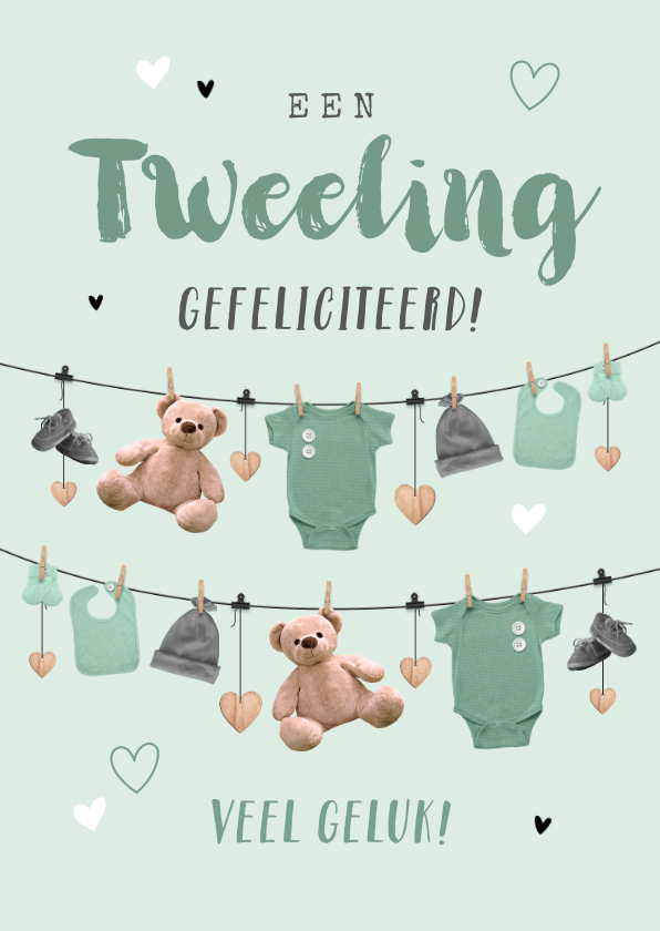 Felicitatiekaarten - Felicitatiekaart tweeling slinger meisje jongen babyspul