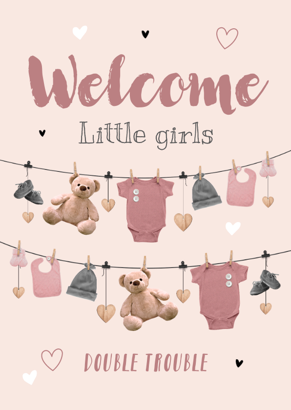 Felicitatiekaarten - Felicitatiekaart tweeling slinger meisjes babyspul hartjes