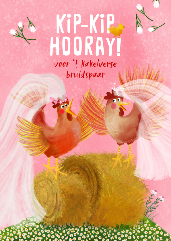 Felicitatiekaarten - Felicitatiekaart van twee kippen met een sluier