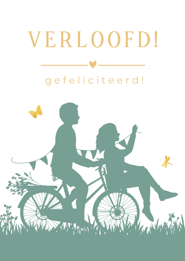 Felicitatiekaarten - Felicitatiekaart verloving silhouet koppel op 1 fiets