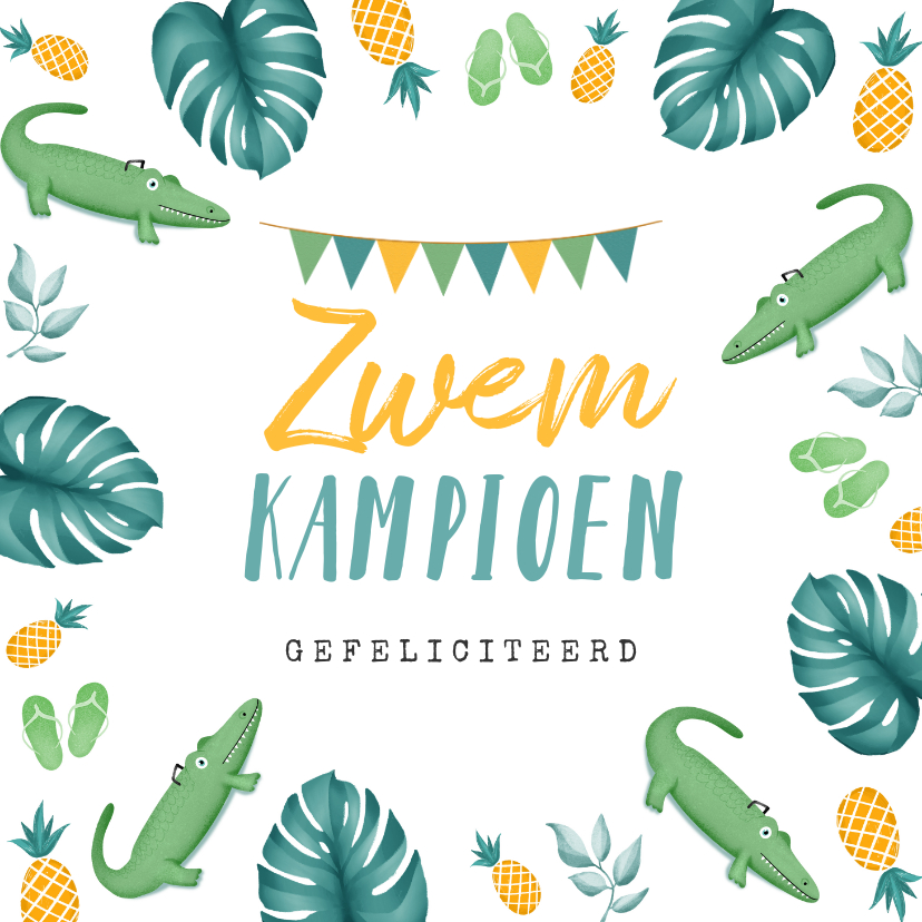 Felicitatiekaarten - Felicitatiekaart zwemmen geslaagd krokodil ananas jongen