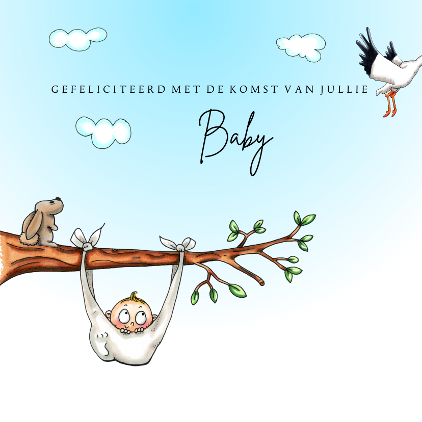 Felicitatiekaarten - Felicitatiekaarten baby in luier aan boomtak