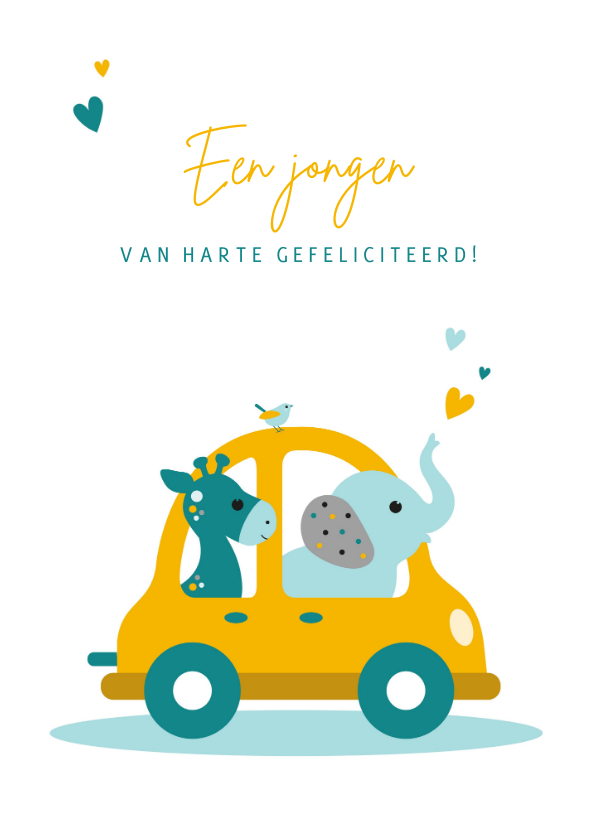Felicitatiekaarten - Felicitatiekaartje auto met dieren