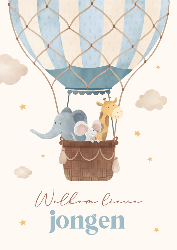 Felicitatiekaarten - Felicitatiekaartje geboorte jongen luchtballon dieren