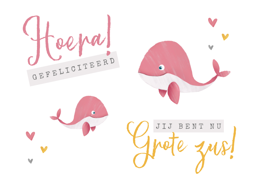 Felicitatiekaarten - Felicitatiekaartje geboorte meisje zusje walvisjes hartjes