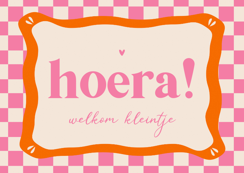 Felicitatiekaarten - Felicitatiekaartje hoera roze blokjes kader oranje groovy