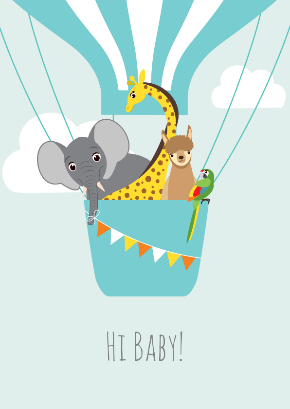 Felicitatiekaarten - Felicitatiekaartje met vrolijke diertjes in een luchtballon