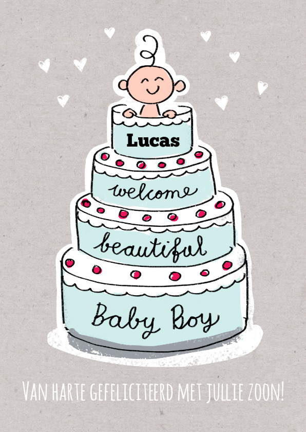 Felicitatiekaarten - Geboorte felicitatie kaart met jongen in een blauwe taart