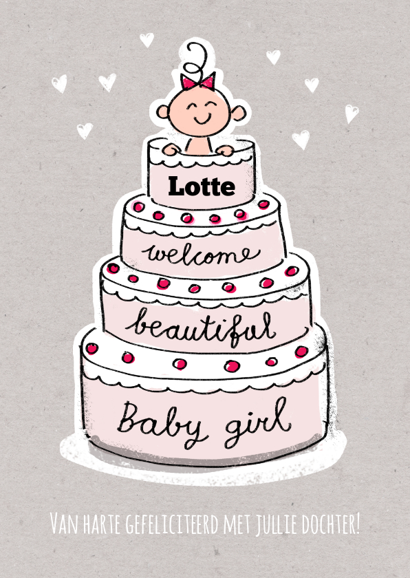 Felicitatiekaarten - Geboorte felicitatie kaart met meisje in een roze taart
