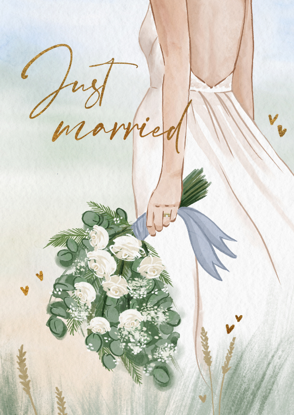 Felicitatiekaarten - Getekende felicitatiekaart voor huwelijk met bruidsboeket
