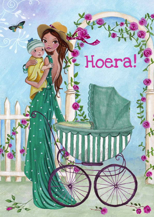 Felicitatiekaarten - Hoera geboren wieg MAMA baby Illustratie