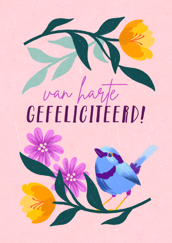 Felicitatiekaarten - Kleurrijke felicitatiekaart bloemen en vogel