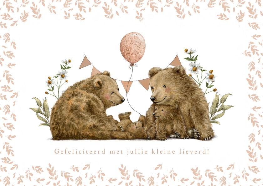 Felicitatiekaarten - Lief felicitatiekaartje met beren en bloemen geboorte meisje