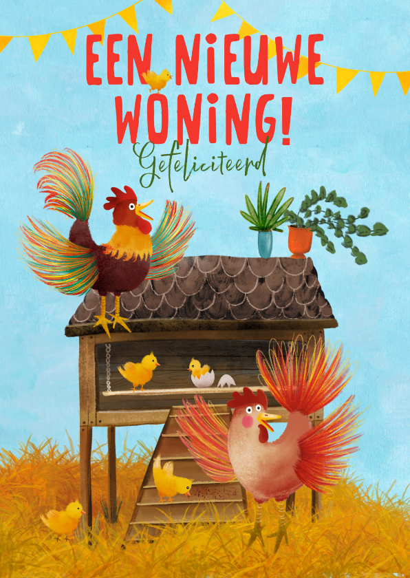 Felicitatiekaarten - Nieuwe woning felicitatiekaart met een kippenhok