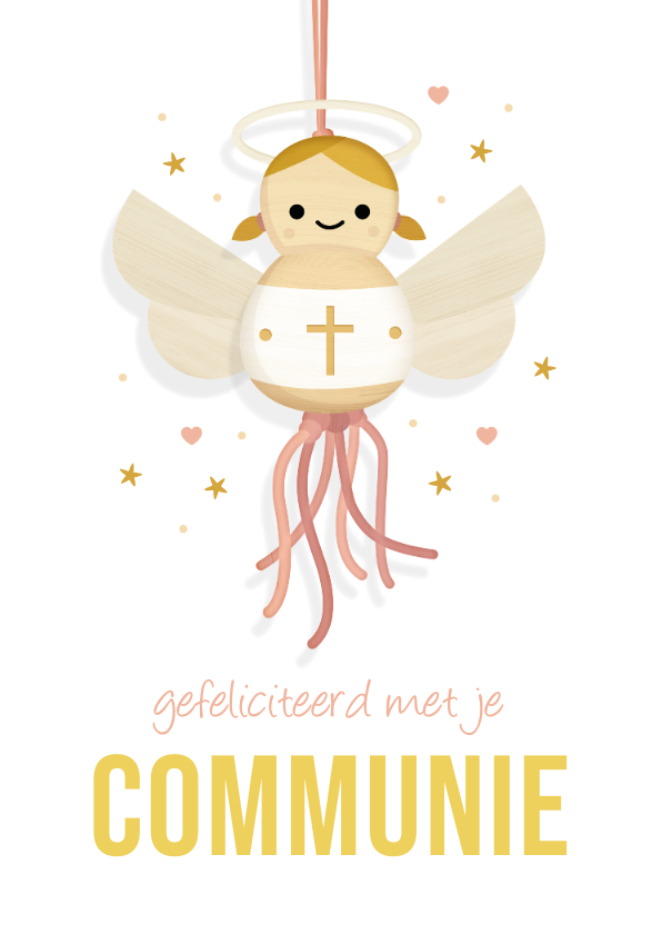 Felicitatiekaarten - Vrolijke felicitatiekaart communie met engel gelukspoppetje