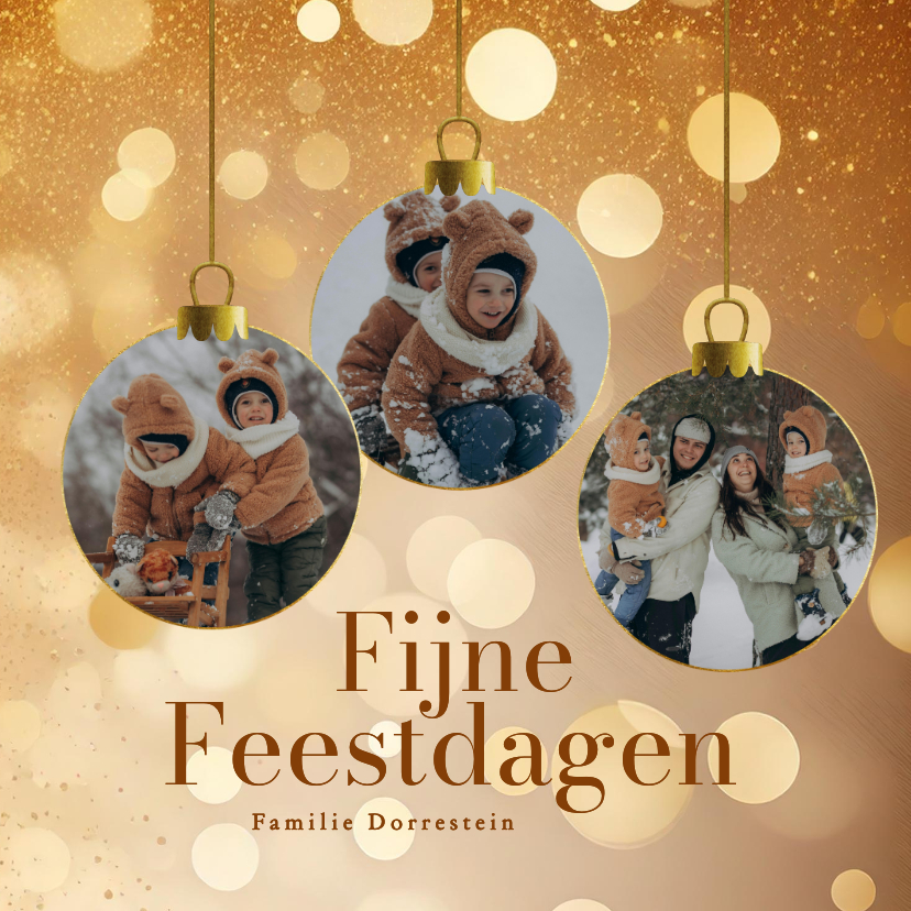 Fotokaarten - Foto kerstkaartje met foto's in kerstbal vorm en glitters