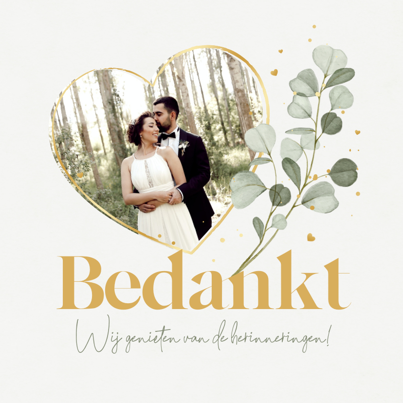 Fotokaarten - Fotokaart bruiloft eucalyptus goud hartjes