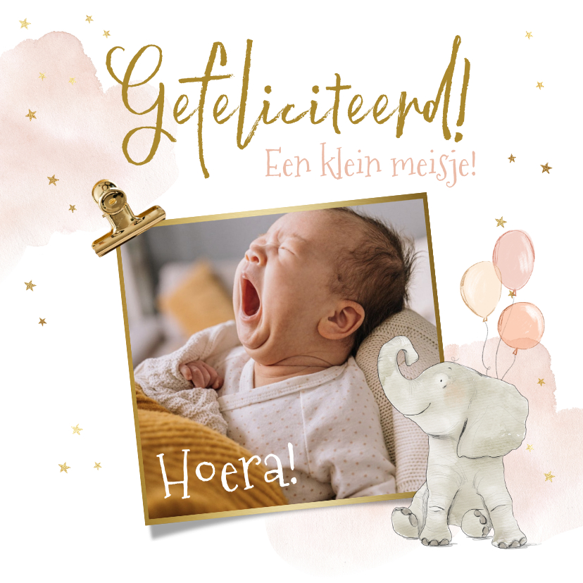 Fotokaarten - Fotokaart felicitatie geboorte meisje foto olifant 