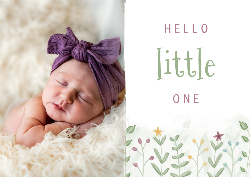 Fotokaarten - Fotokaart felicitatie geboorte met takjes en bloemetjes