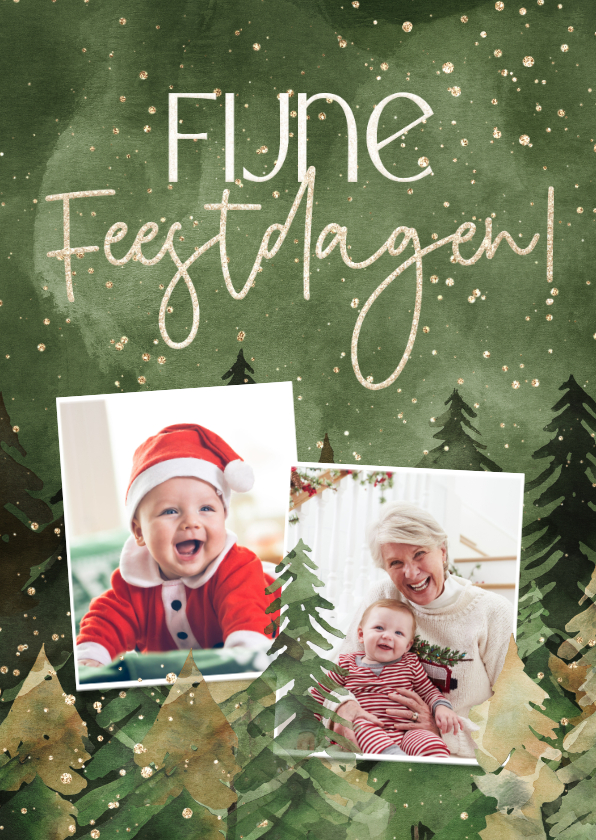Fotokaarten - Fotokaart 'Fijne Feestdagen' kerstbomen goud twee foto's
