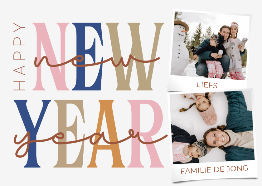 Fotokaarten - Fotokaartje happy new year gekleurd met twee foto's