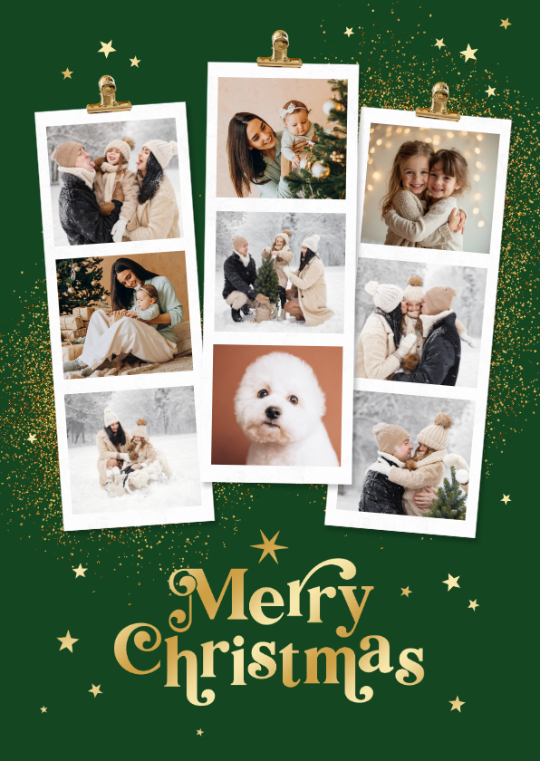 Fotokaarten - Fotostrip collagekaart merry christmas goud sterren