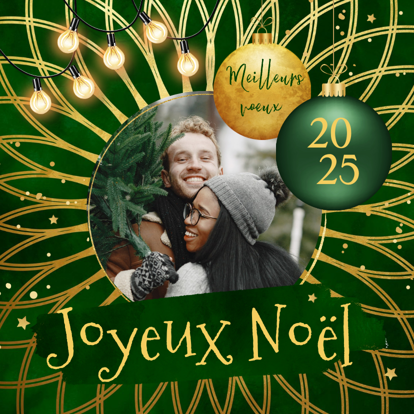Fotokaarten - Franse foto kerstkaart groen kerstballen foto ster