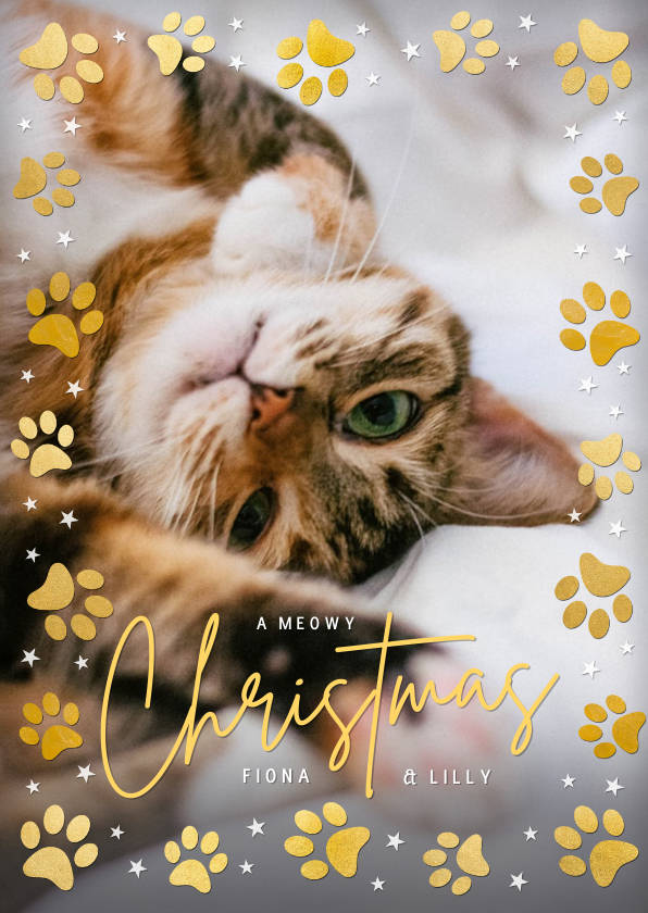 Fotokaarten - Kerstkaart met grote foto kat of hond en pootafdrukjes