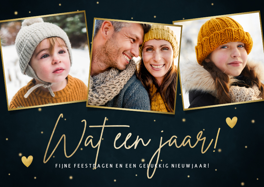 Fotokaarten - Stijlvolle kerst fotokaart 'Wat een jaar!' sterren & hartjes