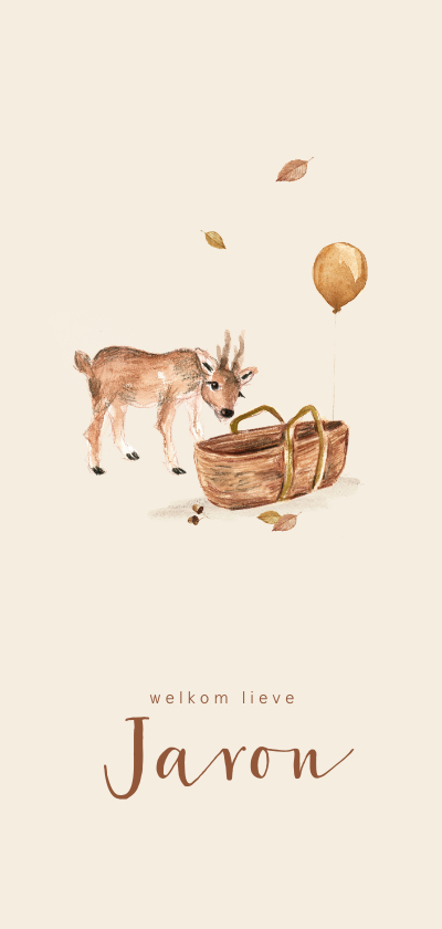Geboortekaartjes - Geboortekaartje herfst met een hertje bij een mozes wiegje