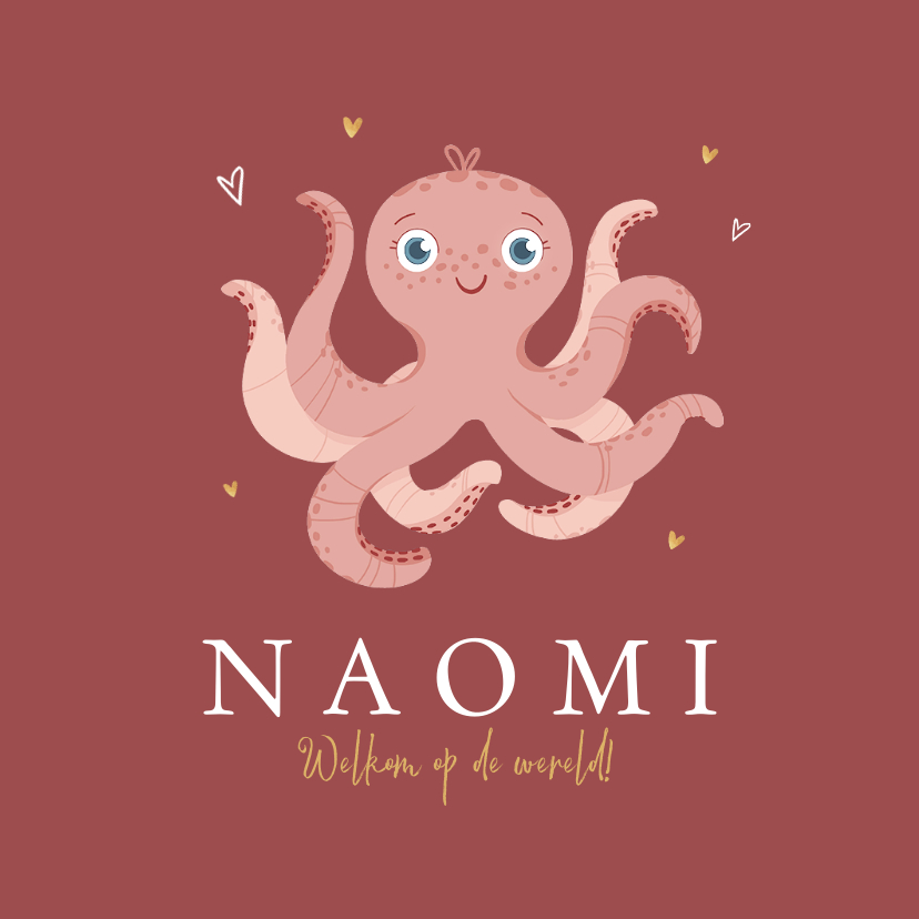 Geboortekaartjes - Geboortekaartje lieve octopus roze hartjes goud 