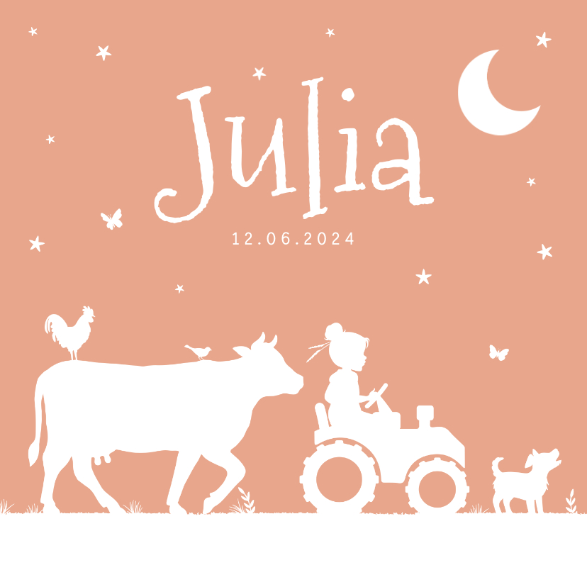 Geboortekaartjes - Geboortekaartje meisje boerderij tractor dieren silhouet