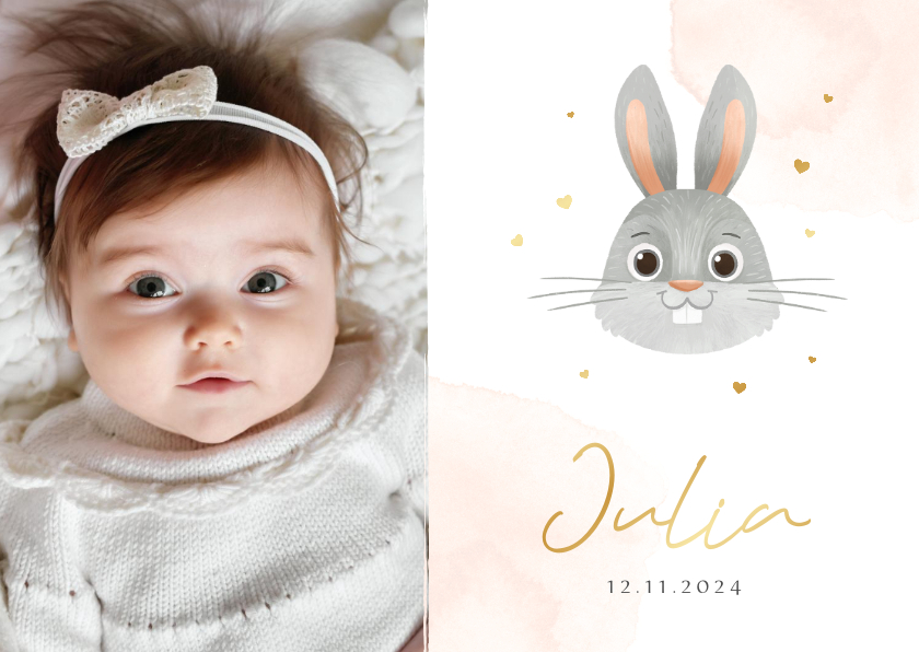 Geboortekaartjes - Geboortekaartje meisje foto konijn hartjes waterverf