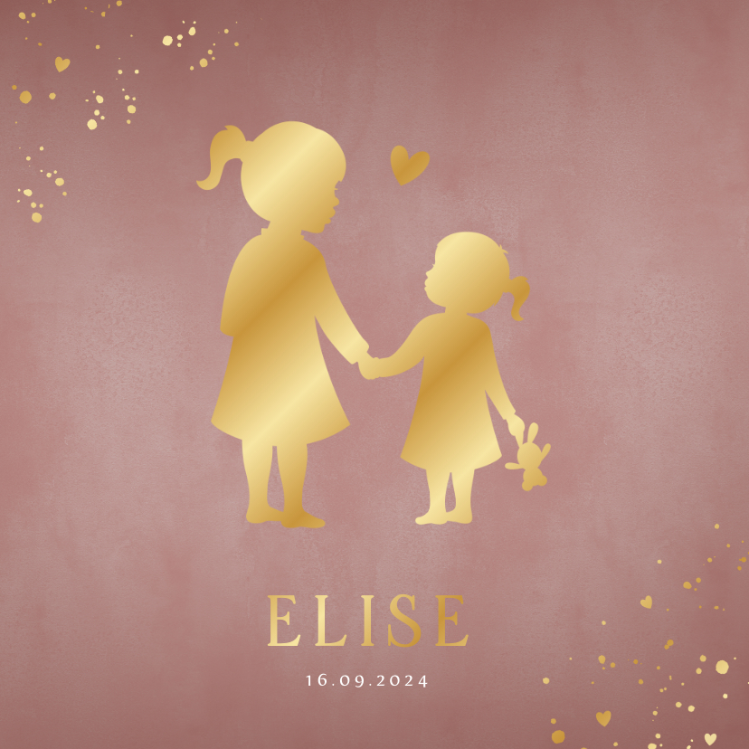 Geboortekaartjes - Geboortekaartje meisje zus met zusje silhouet in goudfolie