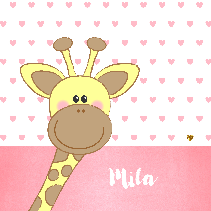 Geboortekaartjes - Geboortekaartje met een lief girafje en roze hartjes
