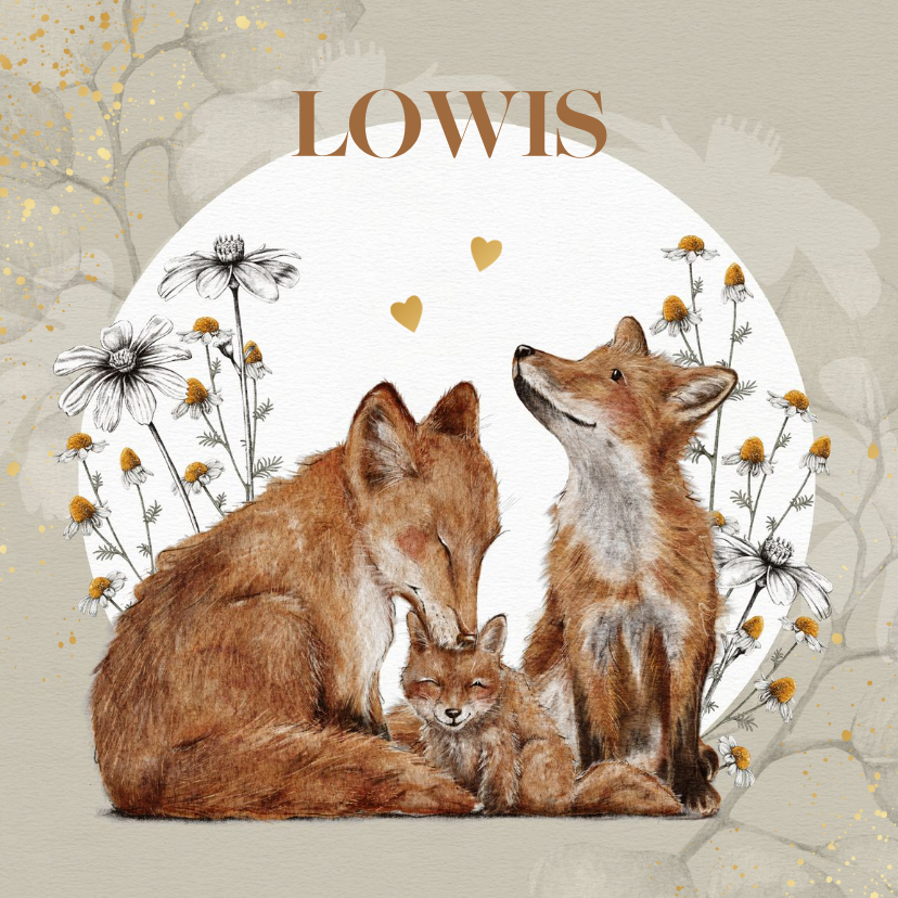 Geboortekaartjes - Geboortekaartje met liefdevolle vosjes tussen de bloemen