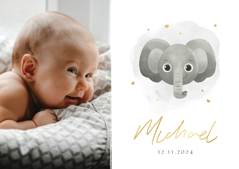 Geboortekaartjes - Geboortekaartje olifant hoofdje waterverf foto hartjes