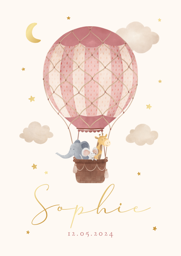 Geboortekaartjes - Geboortekaartje roze dieren luchtballon vintage sterren