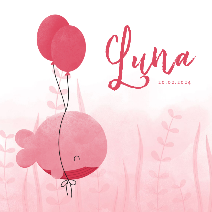 Geboortekaartjes - Geboortekaartje roze walvis met ballonnen en waterverf