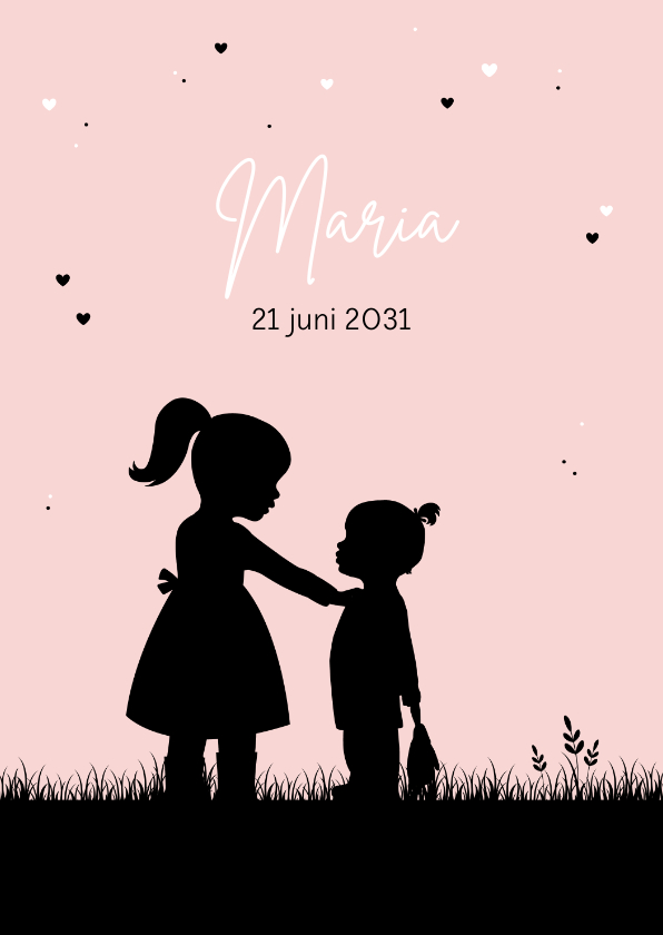 Geboortekaartjes - Geboortekaartje silhouet meisje met zusje